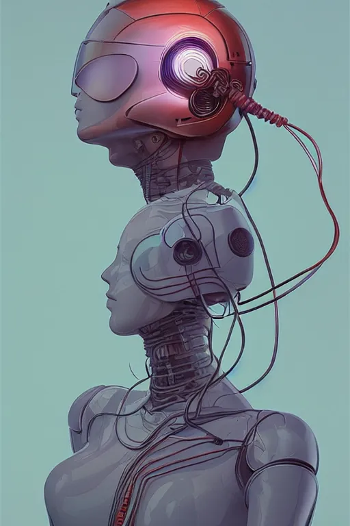 Image similar to A beautiful woman wearing a cybernetic helmet with many wires plugged into is and in her body by Moebius and Beeple