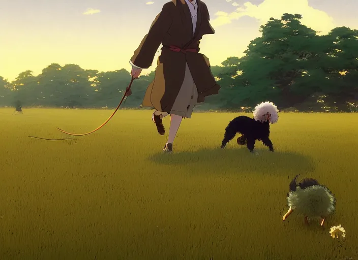 Image similar to japan 1 9 2 0's, young adult playfully chased by his goldendoodle dog on a green meadow, golden hour, finely detailed perfect art, gapmoe yandere grimdark, trending on pixiv fanbox, painted by greg rutkowski makoto shinkai takashi takeuchi studio ghibli