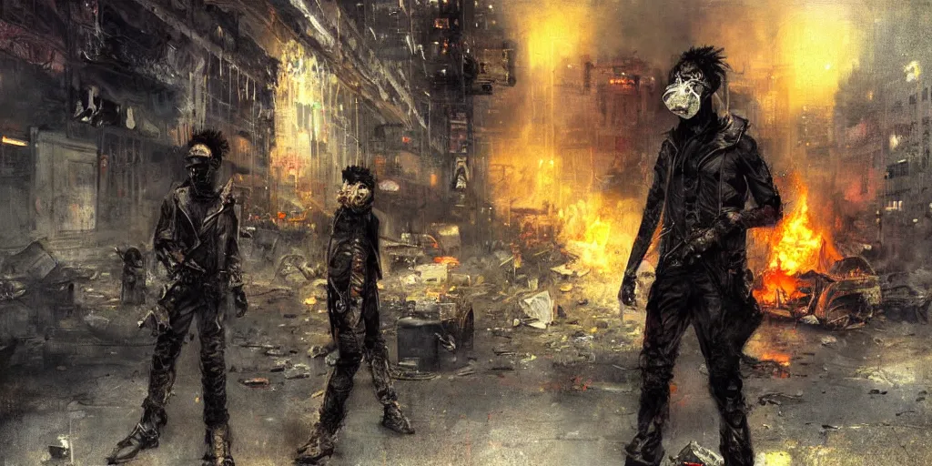 Prompt: post apocalyptic city, revolutionary punk masked up punk, fire, damaged, trash, full shot, by jeremy mann