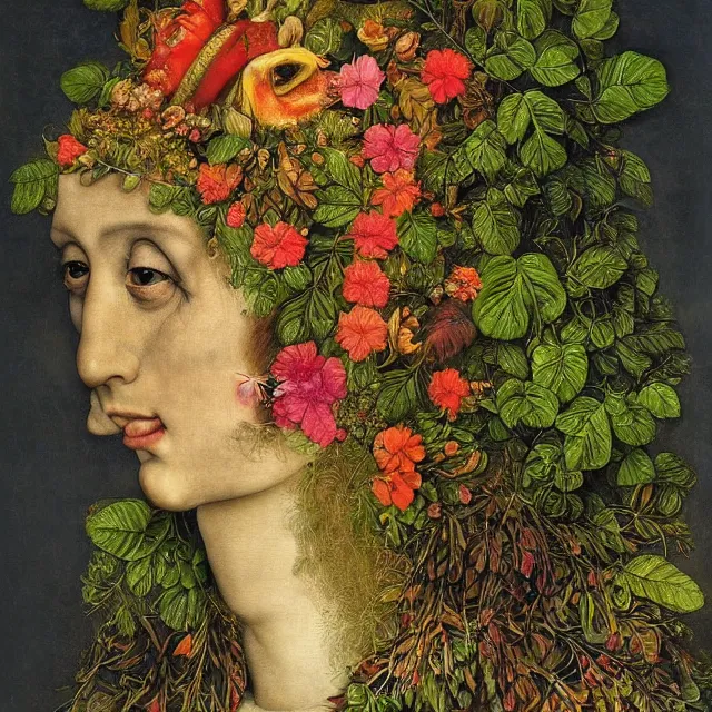 Image similar to a beautiful profile portrait of a beautiful female, leaves, by giuseppe arcimboldo,, psychedelic, surreal, dreamlike, environmental friendly, nature.