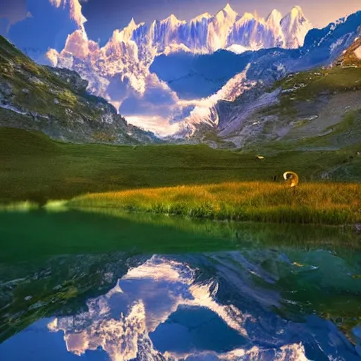 Image similar to photo of two black swans touching heads in a beautiful reflective mountain lake, a colorful hot air balloon is flying above the swans, hot air balloon, intricate, 8k highly professionally detailed, HDR, CGsociety