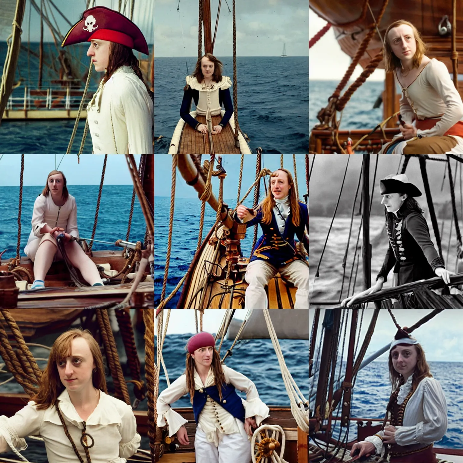 Prompt: Katie Ledecky as a British Navy Admiral, on the deck of a wooden sailing ship, film still from Pirates of the Carribean