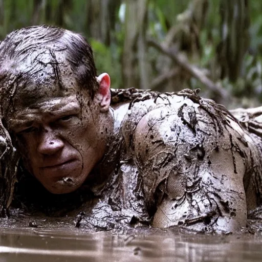 Image similar to film still of john cena as major dutch, covered in mud, hiding from the predator in swamp scene in 1 9 8 7 movie predator, hd, 8 k