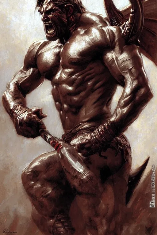 Prompt: Male, muscular warrior fighting devil, detailed face, correct face, painting by Gaston Bussiere, Craig Mullins