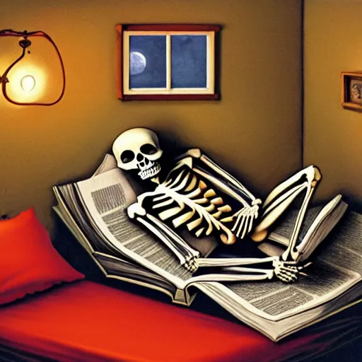 Image similar to a skeleton that is wearing pajamas in bed, and he is reading a big book, matte oil painting, by tim jacobus, goosebumps cover art, inside of a bedroom, 9 0 s, extremely detailed, sharp focus, 4 k