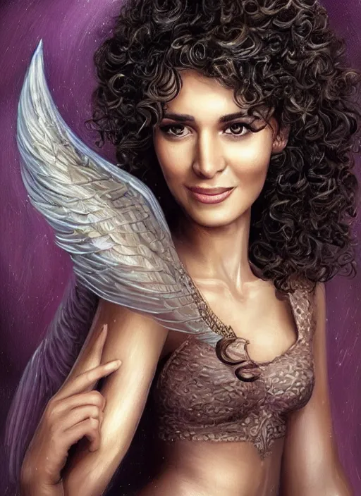 Image similar to beautiful female angel, brunette with big smile and curly hairstyle, looks like Ebru Şahin, Reyyan, looks like Fabiula Nascimento, looks like Laura Barriales, looks like Julia Roberts, D&D, fantasy, intricate, elegant, highly detailed, digital painting, artstation, concept art, character design, smooth, sharp focus, illustration, art by artgerm and greg rutkowski and alphonse mucha