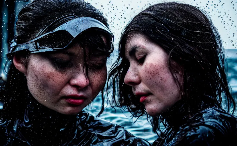 Image similar to cinestill 5 0 d candid photographic portrait by steve mccurry of two loving female androids sobbing wearing rugged black mesh techwear in treacherous waters, flooded city, medium closeup, retrofuturism cyberpunk moody emotional cinematic, pouring iridescent rain bright spotlight helicopter, 8 k, hd, high resolution, 3 5 mm, f / 3 2, ultra realistic faces, ex machina