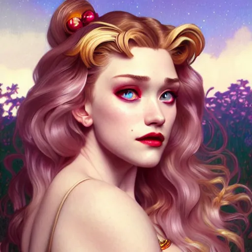 Image similar to Kate Dennings with blonde hair as Sailor Moon, western, D&D, fantasy, intricate, elegant, highly detailed, digital painting, artstation, concept art, matte, sharp focus, illustration, art by Artgerm and Greg Rutkowski and Alphonse Mucha