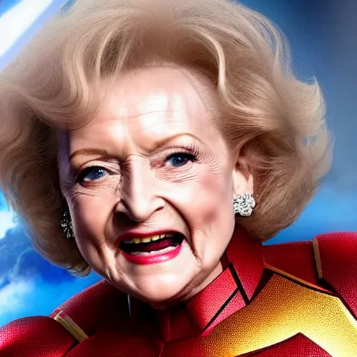 Prompt: film still of Betty White as Iron Man in the new Avengers film