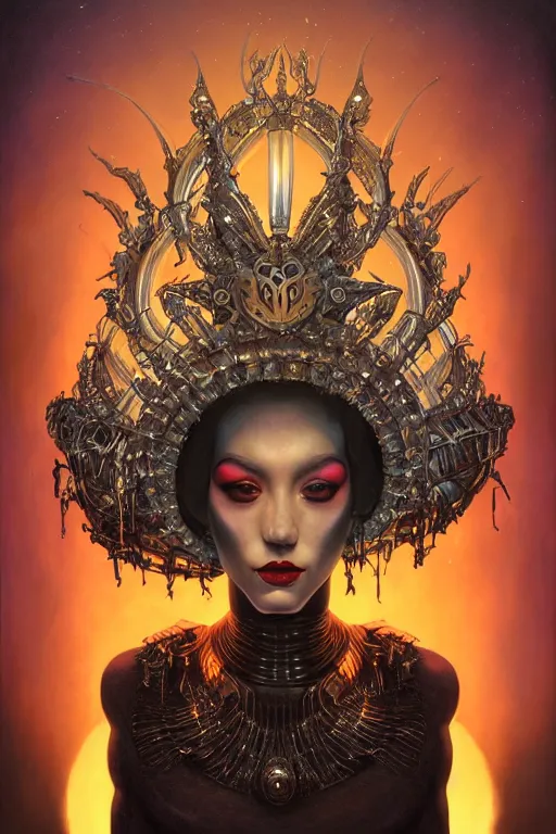 Image similar to portrait of a alien queen wearing an elaborate crown, straight on portrait, by artgerm, tom bagshaw, gerald brom, vaporwave colors, lo fi colors, vaporwave, lo fi, 2 point studio lighting, dramatic lighting, creepy aesthetic, 4 k, hd,