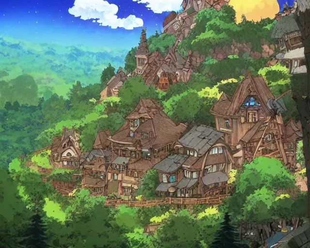 Image similar to mountain overseeing fantasy village next to a forest, studio ghibli style, hayao miyazaki, award winning photograph, highly detailed, artstation