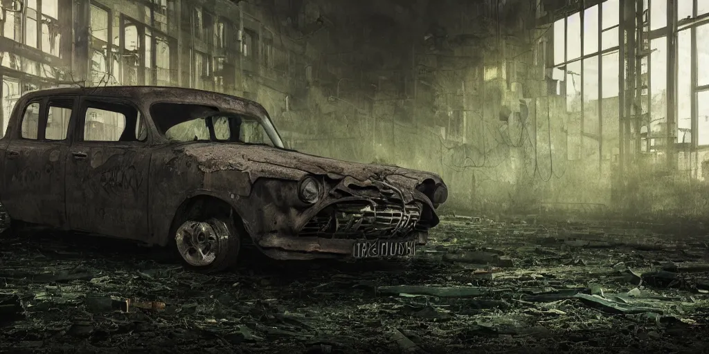 Prompt: close up of a car in an old industrial car factory, a ghostly figure is walking between the broken cars, everything is rusted and broken and covered in moss, night time low light, spooky and scary atmosphere, artstation,