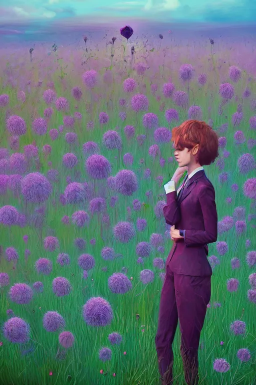 Prompt: portrait, huge thistle flower head, girl in a suit in a field of flowers, surreal photography, sunrise, blue sky, dramatic light, impressionist painting, digital painting, artstation, simon stalenhag