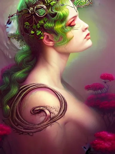 Prompt: green tree goddess ; by james jean, charlie bowater, tom bagshaw, nikolay makovsky, melanie delon : : enchanting, ethereal, magical, glowing, sparkle, iridescent, flowerpunk, portrait, character design, illustration, hyperrealism, photorealism, digital art, concept art, dark fantasy, whimsy, weta, wlop, artstation