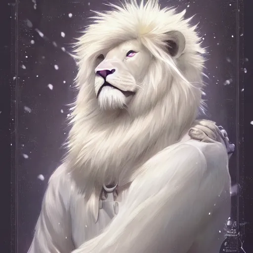 Prompt: aesthetic portrait commission of a albino male furry anthro lion wearing a cozy outfit in the snow pastel, Character design by charlie bowater, ross tran, artgerm, and makoto shinkai, detailed, inked, western comic book art, 2021 award winning painting