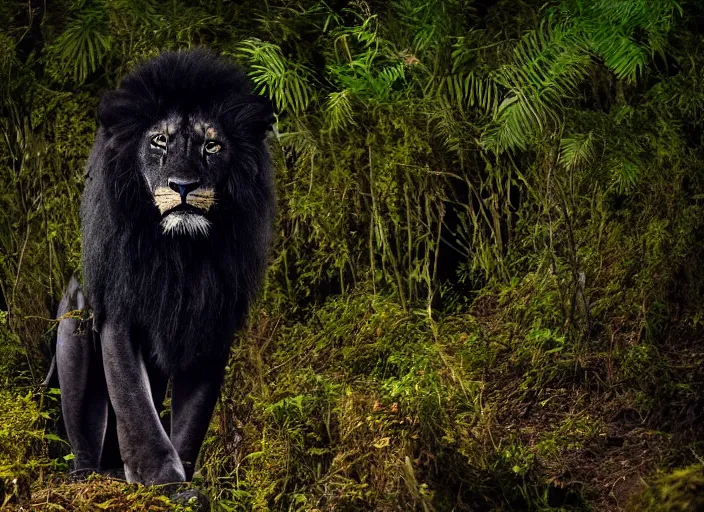 Image similar to professional wildlife photograph of a black lion standing in a dark jungle at night, surrounded by dense dark trees, moss, ferns, cinematic lighting, apex predator, natgeo