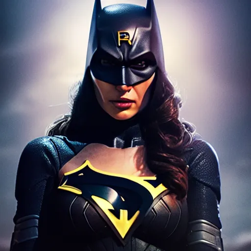 Image similar to a potrait of Gal Gadot as Batgirl with Batman v Superman style suit by Greg Rutkowski, Sung Choi, Mitchell Mohrhauser, Maciej Kuciara, Johnson Ting, Maxim Verehin, Peter Konig, 8k photorealistic, cinematic lighting, HD, high details, dramatic, trending on artstation, full body shot