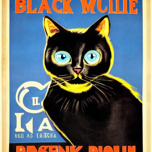 Prompt: vintage poster, black cat, blue eyes