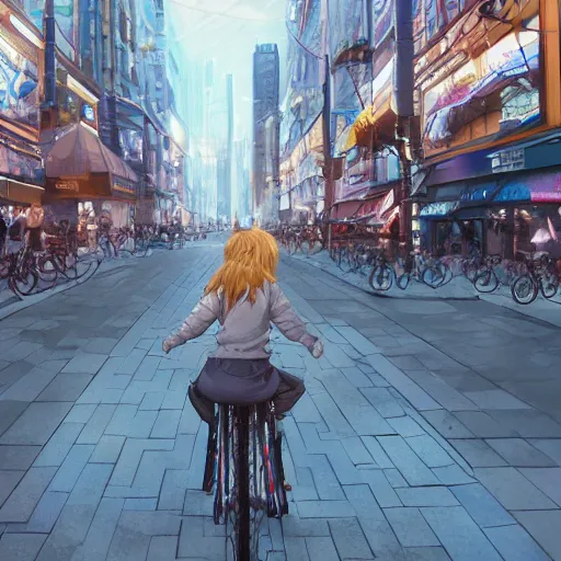 Image similar to girl riding on bike through city, digital art, by ben weiner, richard estes, range murata, akiyuki shinbou, yoshitaka amano, wlop, highly detailed, realistic, cinematic, bold colours, photorealism, 4 k, wide angle lens, trending on artstation, artgerm