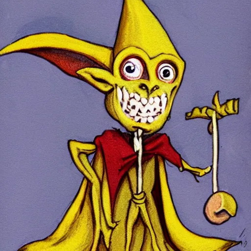 Prompt: yellow goblin in a cloak wearing a fiddle for a hat