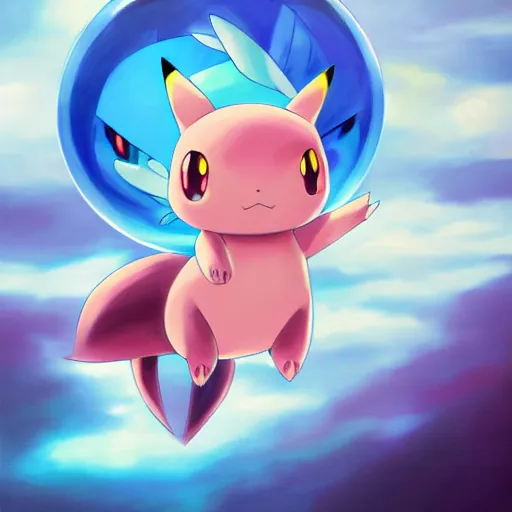 cinematic portrait of Mew Pokemon riding large blue