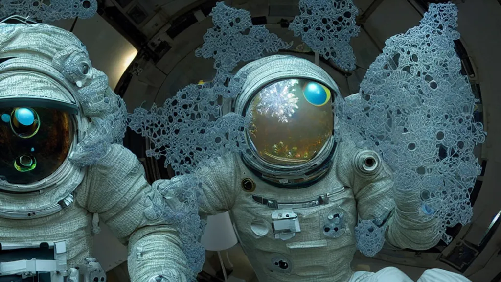 Image similar to a astronaut eva suit covered in diamond 3d fractal lace iridescent bubble 3d skin and covered with insectoid compound eye camera lenses floats through the living room, film still from the movie directed by Denis Villeneuve with art direction by Salvador Dalí, wide lens,