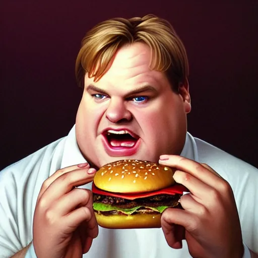 Prompt: portrait of chris farley eating hamburgers, extra onions and ketchup, luscious patty with sesame seeds, ethereal, handsome, d & d, fantasy, intricate, elegant, highly detailed, digital painting, artstation, concept art, matte, sharp focus, illustration, art by artgerm and greg rutkowski and alphonse mucha