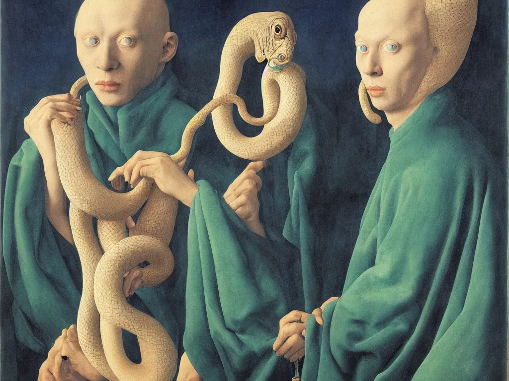 Image similar to Portrait of albino mystic with blue eyes, with exotic beautiful snake. Painting by Jan van Eyck, Audubon, Rene Magritte, Agnes Pelton, Max Ernst, Walton Ford