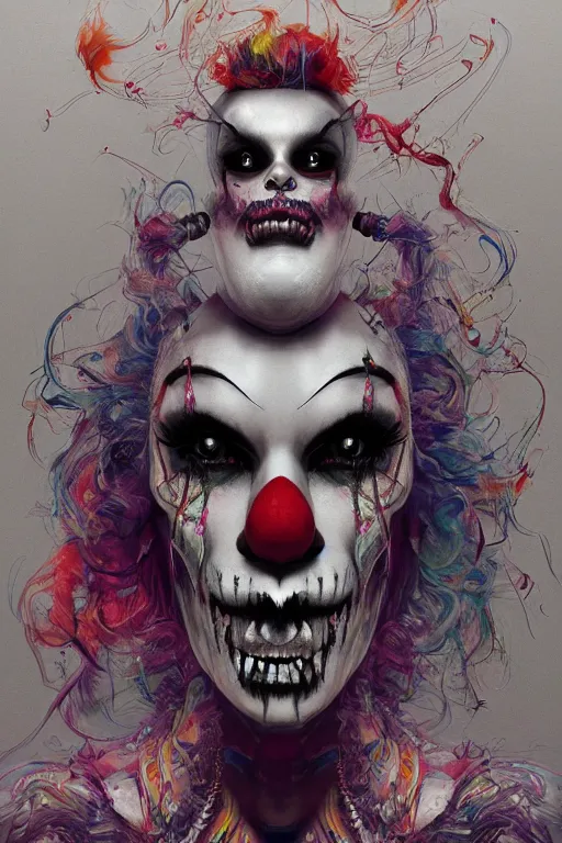 Image similar to portrait of a creepy clown girl skull. intricate abstract. intricate artwork. nightmare fuel. terrifying. by Tooth Wu, wlop, beeple, dan mumford. octane render, trending on artstation, greg rutkowski very coherent symmetrical artwork. cinematic, hyper realism, high detail, octane render, 8k, iridescent accents