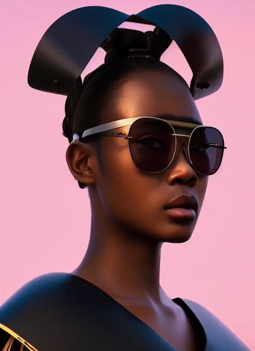 Prompt: attractive female portrait of african samurai, wearing shades, wearing gui, amber sky cloud background, rule of thirds, uplight, intricate, symmetrical!!, depth of field, cinematic, filmic, vsco, concept art, artstation, digital painting, elegant, vouge, magazine cover, epic, focus, octane render, vray render, arnold render,