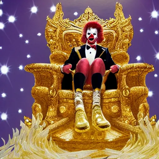 Image similar to shining throne made of millions of diamonds, gold and zaphires with thousands of light reflections, and a clown on a tuxedo suit is sitting on the throne while handing a golden balloon, dramatic light