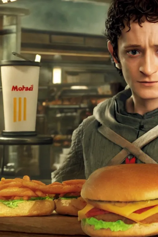 Image similar to film still of frodo working at mcdonalds in the new batman movie, oil on canvas, intricate, 8 k highly professionally detailed, hdr, cgsociety