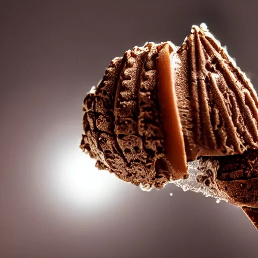Image similar to detailed photograph of a chocolate ice cream cone becoming a hairy brown recluse spider body at the bottom. dramatic, golden light. realistic photograph. delicious. hairy. chocolatey. spidery.