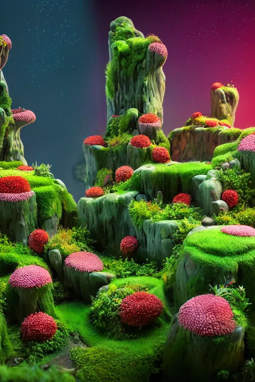 Prompt: a massive volume cave with ultra - realistic bright coloured natural flowers and ferns : 4, a miniature tiny futuristic city : 5, overlooking an endless plain with pink lightning clouds : 4, highly symmetrical, balanced, octane render, in the style of sahm : 3 hd, 4 k, ultra - realistic, in unreal engine