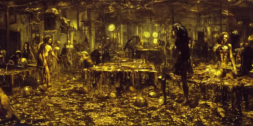 Image similar to realistic Courbet painting of a dark sci-fi laboratory at night, zombiewalking dressed in rags made of guts and veins dripping golden shiny metalic fluid from ribcage to the floor. liquid shiny pool of gold on the floor.