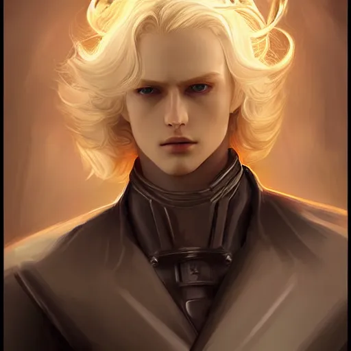 Prompt: digital art of a pale menacing male Cyborg Angel of Battle with fluffy blond curls of hair and piercing eyes, johan liebert mixed with Dante, central composition, he commands the fiery power of resonance and wrath, very very long blond curly hair, baroque curls, by WLOP, Artstation, CGsociety