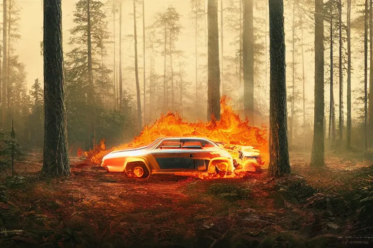 Image similar to burning car standing in a beautiful swedish forest, highly detailed, hyperrealistic, very sharp focus, intricate, soft lighting, wide shot photograph, digital painting by simon stålenhag