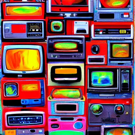 Prompt: array of crt televisions made out of cars, tv static, blob, technology, antenna, stacked, junkyard, polaroid, steroids, adult video store, impressionist painting, painting, acrylic painting, cell shaded