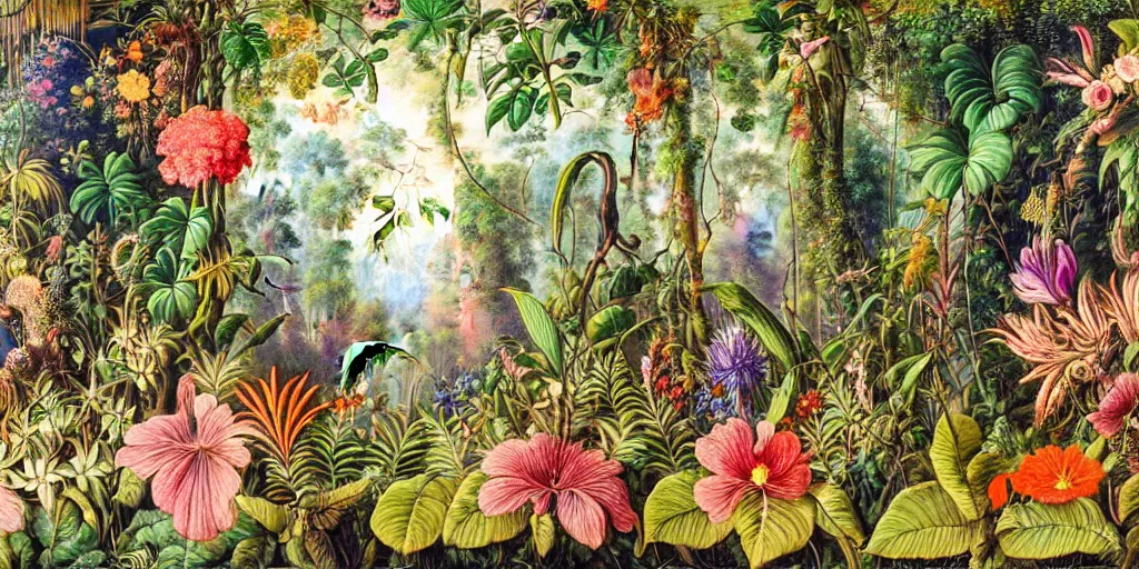 Prompt: jungle scene with colorful flowers, leaves, vines, flowers, intricate details, volumetric lighting, vivid colors, panorama, Artwork by Ernst Haeckel + Maria Sibylla Merian