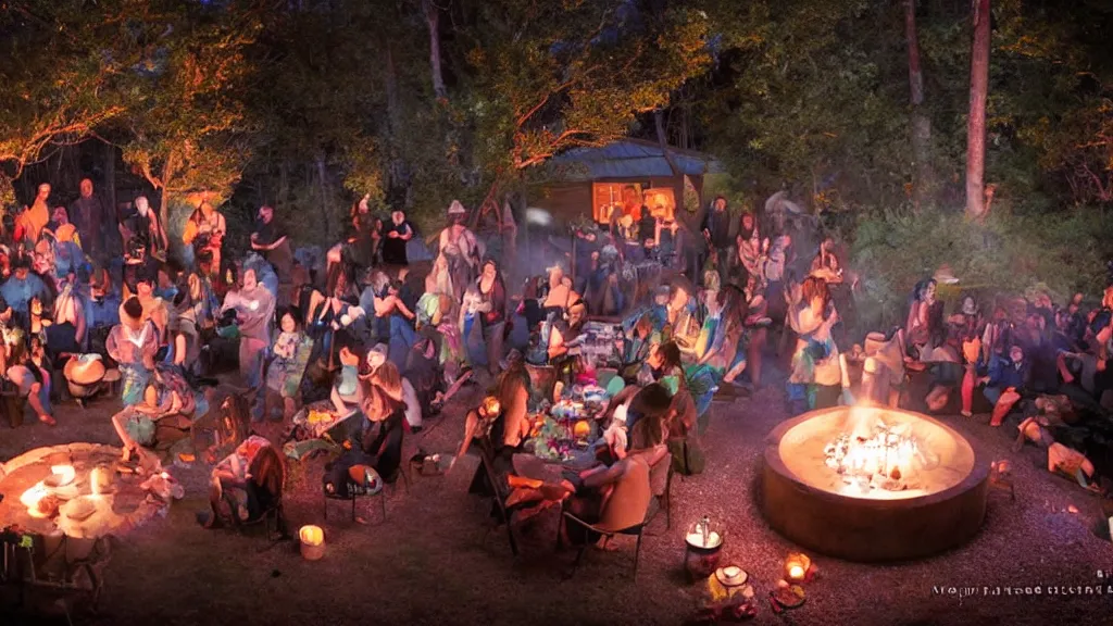 Image similar to party at midnight, bay area, peyote colors, fire pit, hot tub, candles, people, cinematic, highly detailed, movie still, by miyazaki