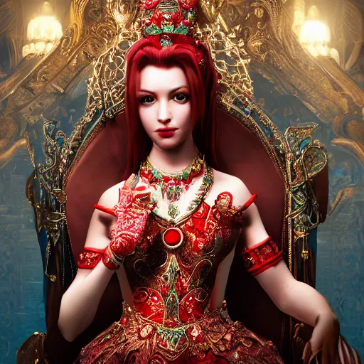 Image similar to photograph of wonderful princess with smooth fair skin, alluring eyes, red jewelry, breathtaking, elegant, ornate, intricate, hyper detailed, accent lighting, dramatic light, 4 k octane render