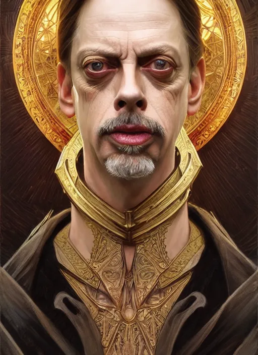 Image similar to symmetry!! portrait of steve buscemi, fantasy, medieval wear, intricate, elegant, highly detailed, digital painting, artstation, concept art, smooth, sharp focus, illustration, art by artgerm and greg rutkowski and alphonse mucha