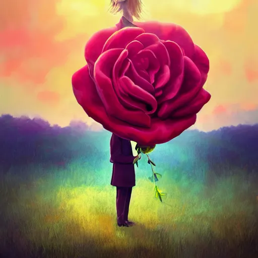 Image similar to portrait, giant rose flower head, girl in a suit, surreal photography, sunrise, blue sky, dramatic light, impressionist painting, digital painting, artstation, simon stalenhag