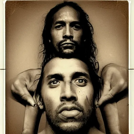 Prompt: polaroid picture, sepia, ronaldinho gaucho and homeless manu chao in a paraguayan prison, perfect face, symmetrical face, fine details, day setting, ethereal, trending on artstation
