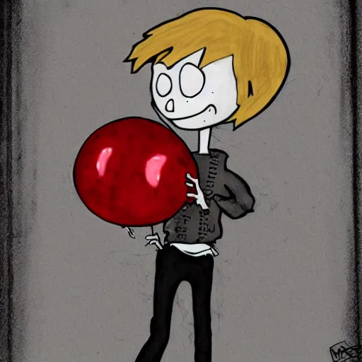 Prompt: grunge drawing of a cartoon boy holding a balloon with big bloody eyes and a wide smile by mrrevenge, corpse bride style, horror themed, detailed, elegant, intricate