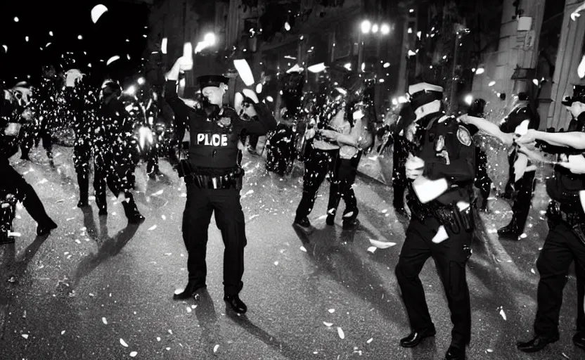 Prompt: photography of police in the night, shooting into the air with uzi guns, smiling and celebrating, champagne and confetti, cop party
