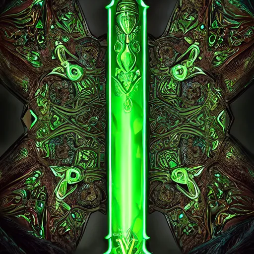 Image similar to symmetric, green fantasy sword, intricate, elegant, highly detailed, digital painting, 4k, HDR, concept art, detailed jewelry, smooth, sharp focus, illustration, matte finish, high contrast, 3d depth, masterpiece, vivid colors, artstationhd