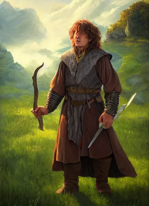 Image similar to A fantasy portrait painting of a male hobbit wearing leather armor on a beautiful meadow, DAZ, hyperrealistic, ambient light, dynamic light, trending on artstation, d&d, RPG portrait