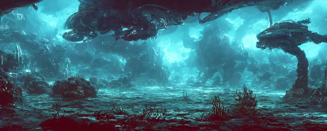 Prompt: ” underwater alien landscape, [ organic, liquid, cinematic, detailed, epic, widescreen, opening, establishing, mattepainting, photorealistic, realistic textures, octane render, art by slop and paul lehr ] ”