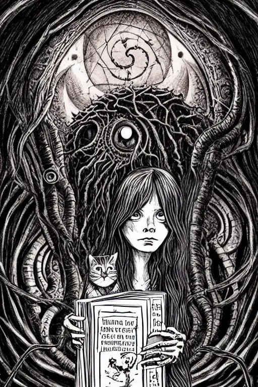 Prompt: stephen king illustration of romantic girl, her cat and her book of necronomicon, symmetrical, cinematic, sharp focus, 4 k, ultra hd, sense of awe, sinister demonic atmosphere, dreadful, forbidden knowledge, old gods, cthulhu, yog - sothoth! yah, yah, yah! cultist journal cover